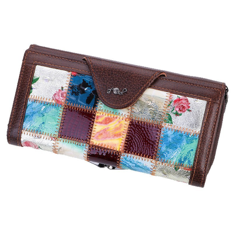 Women's Genuine Leather Clutch Cowhide Long Patchwork Ladies Wallet