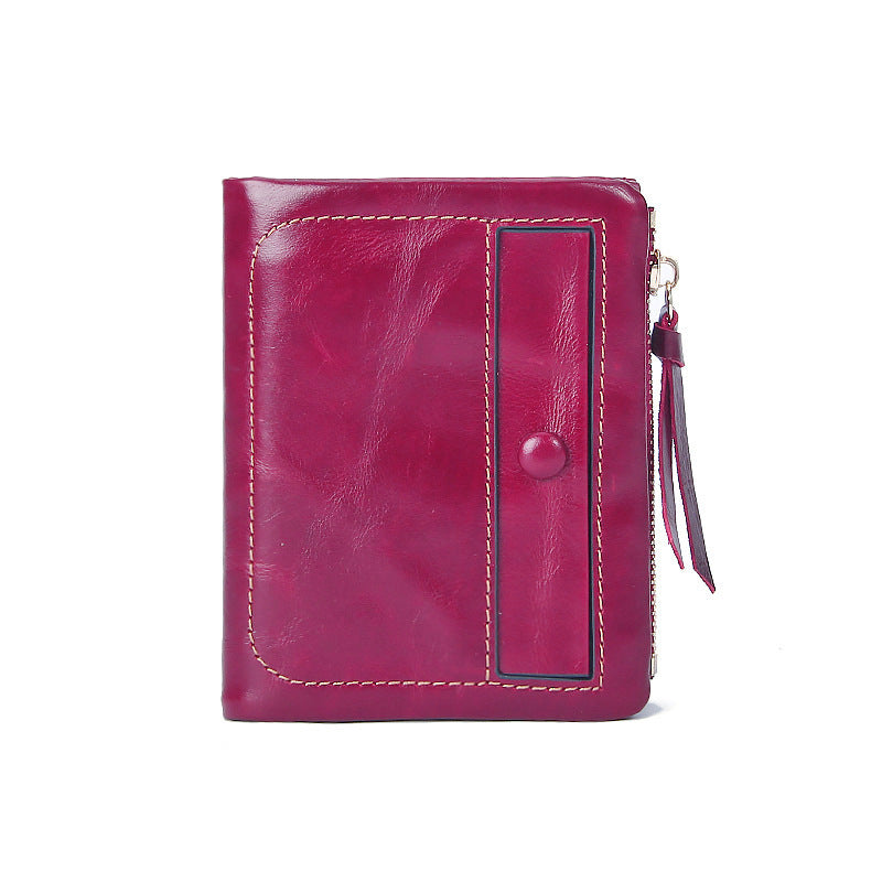 Short First Layer Oil Wax Cowhide Retro Multiple Slots Card Holder