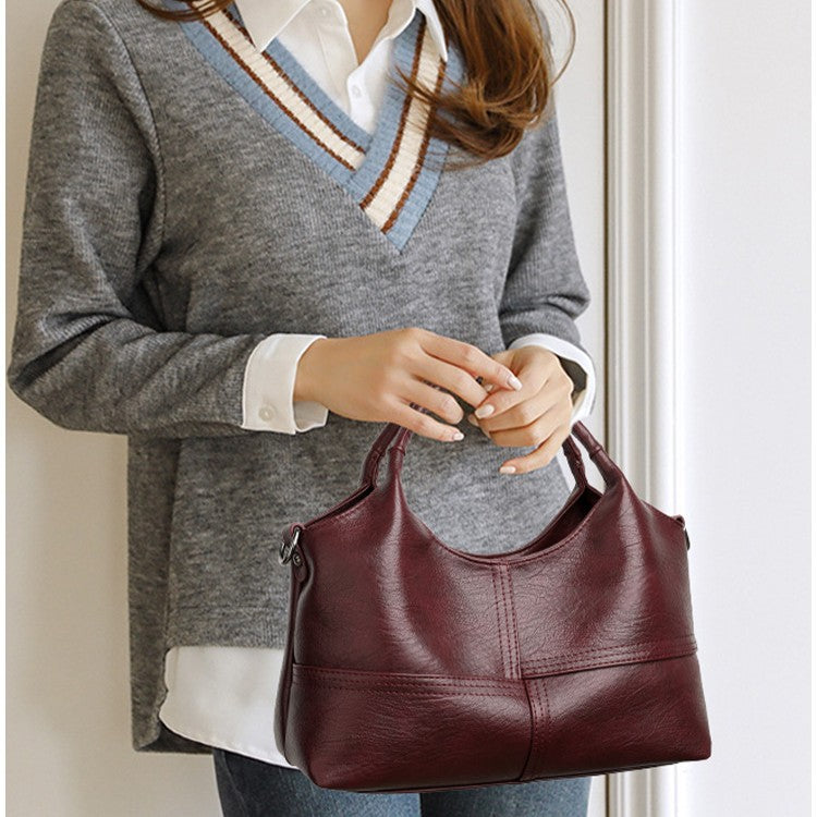 Women's Retro Soft Leather Fashion Stitching Large Tote Bag