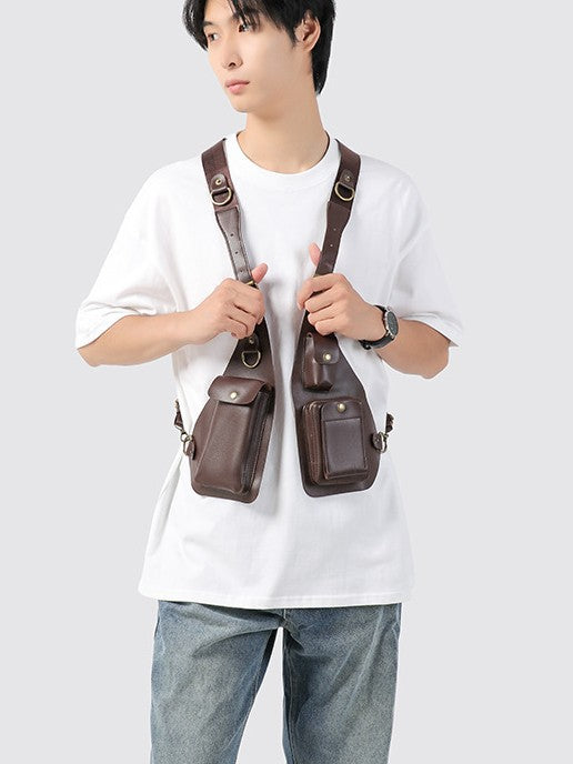 Men's Retro Mobile Leather Strap Vest Underarm Men's Chest Bags