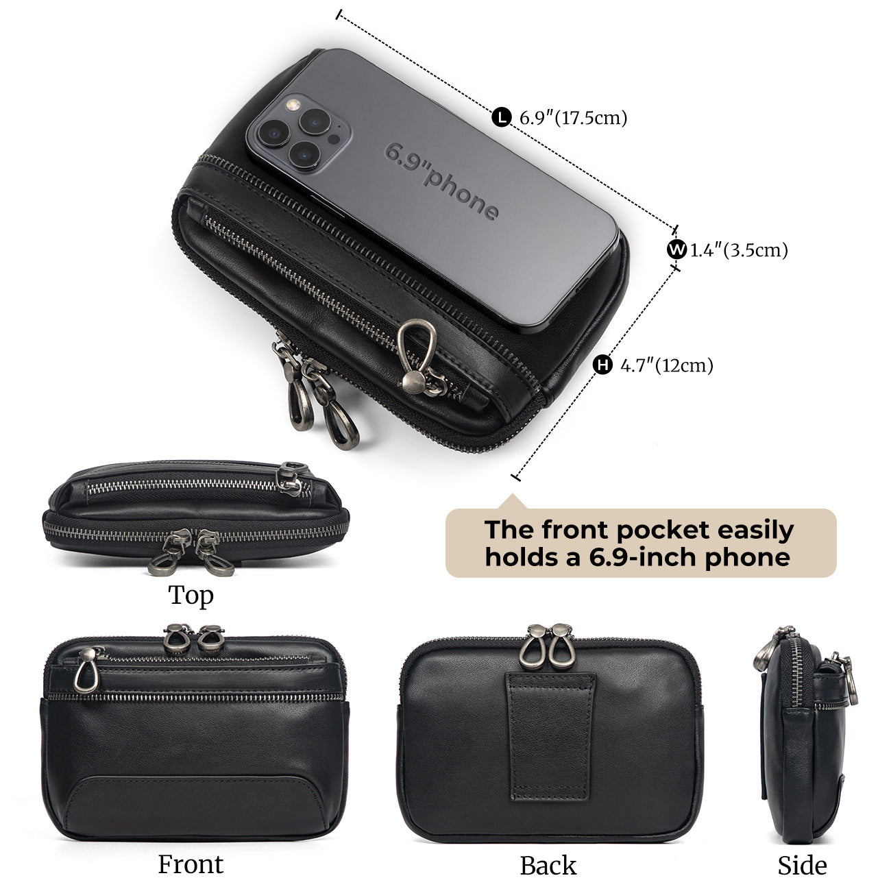 Men's Genuine Leather Double Zipper Cell Storage Men's Fanny Pack