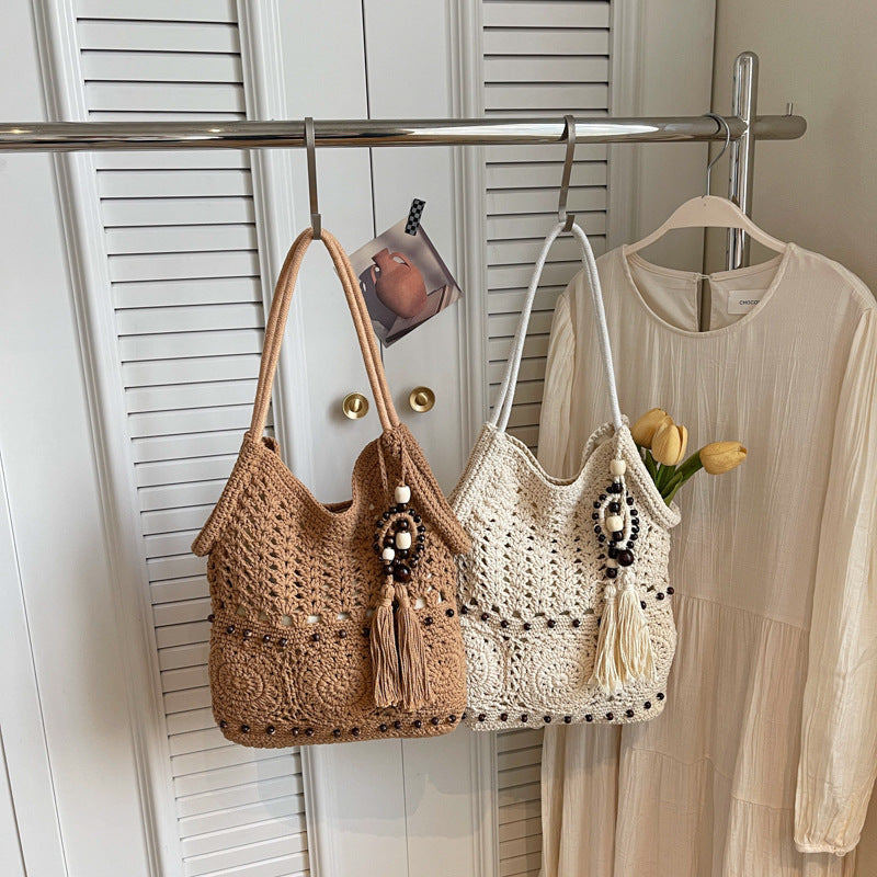 Women's Comfortable Style Cotton Thread Woven Hollow Large Capacity Straw Bags