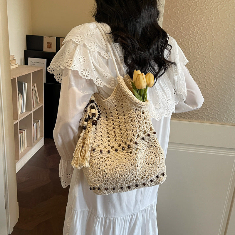 Women's Comfortable Style Cotton Thread Woven Hollow Large Capacity Straw Bags