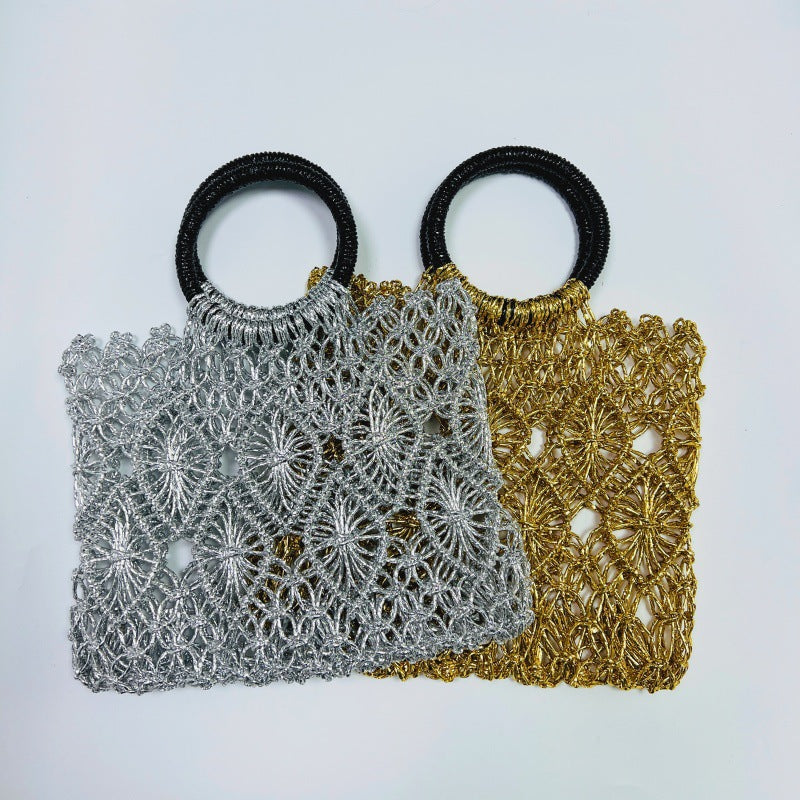 Women's Korean Style Straw Handmade Woven Metallic Yarn Women's Shoulder Bag