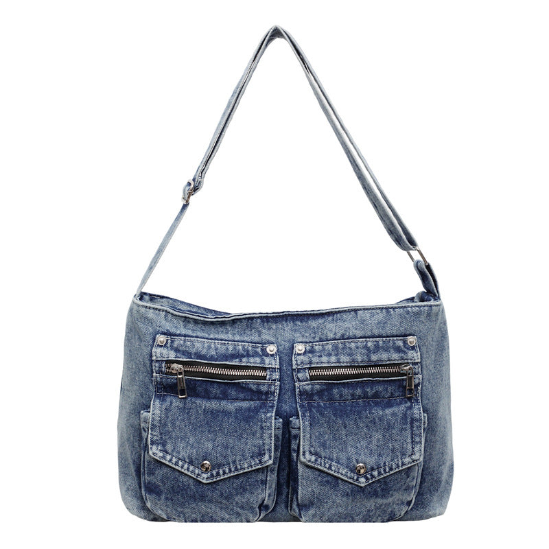 Minority Motorcycle Double Pocket Denim Female Large Tote Bag