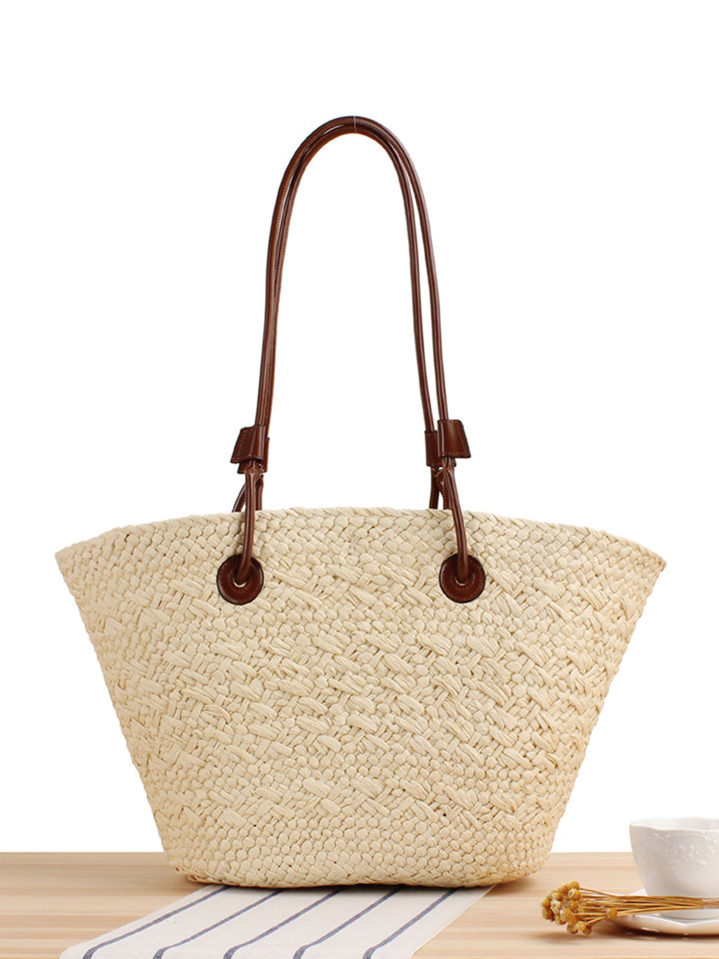 Women's Style Fashion Solid Color Woven Retro Contrast Large Capacity Bags