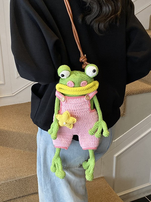 Women's Cartoon Big Mouth Frog Mobile Handmade Crochet Finished Women's Shoulder Bag