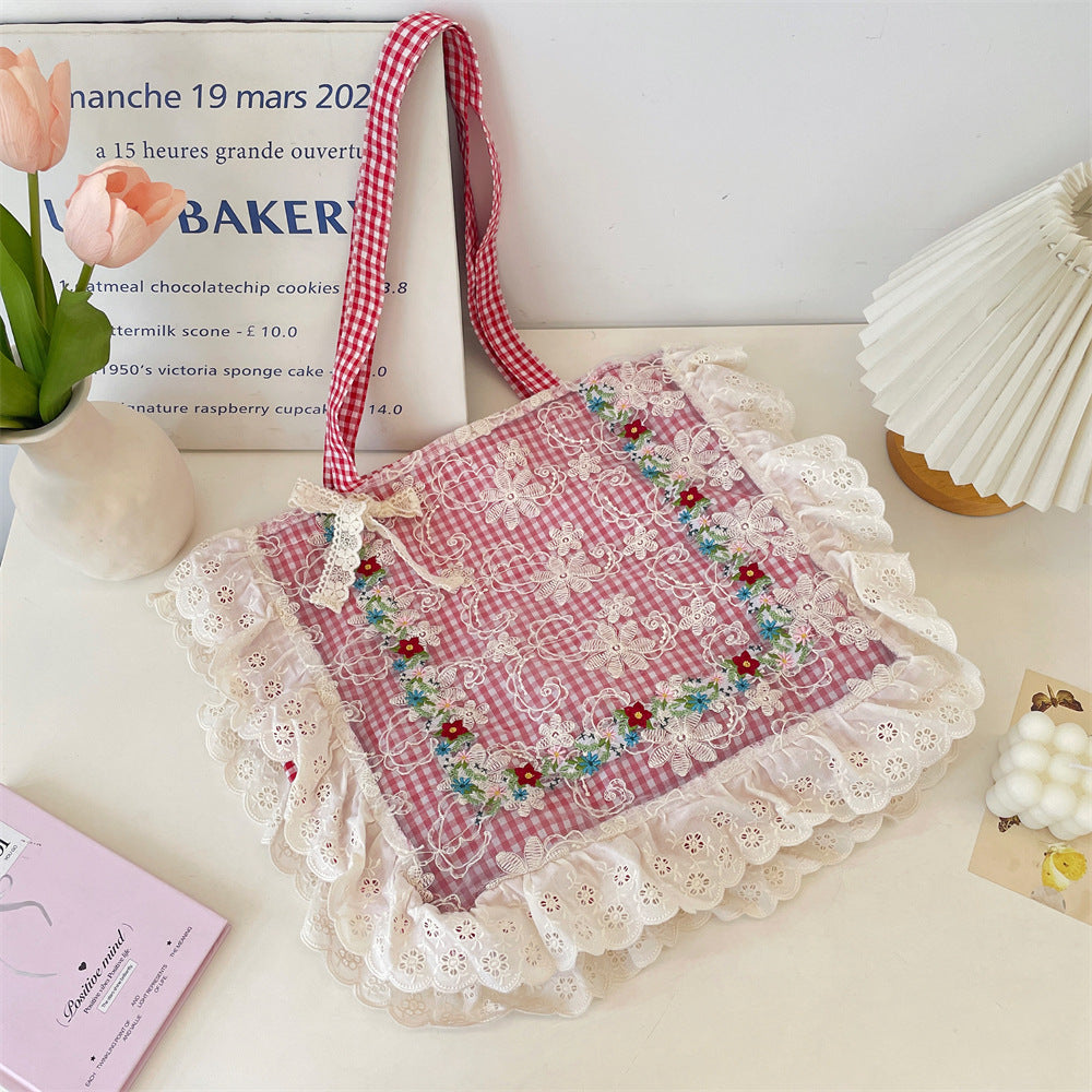 Women's Mori Pastoral Style Plaid Embroidered Lace Large Bags