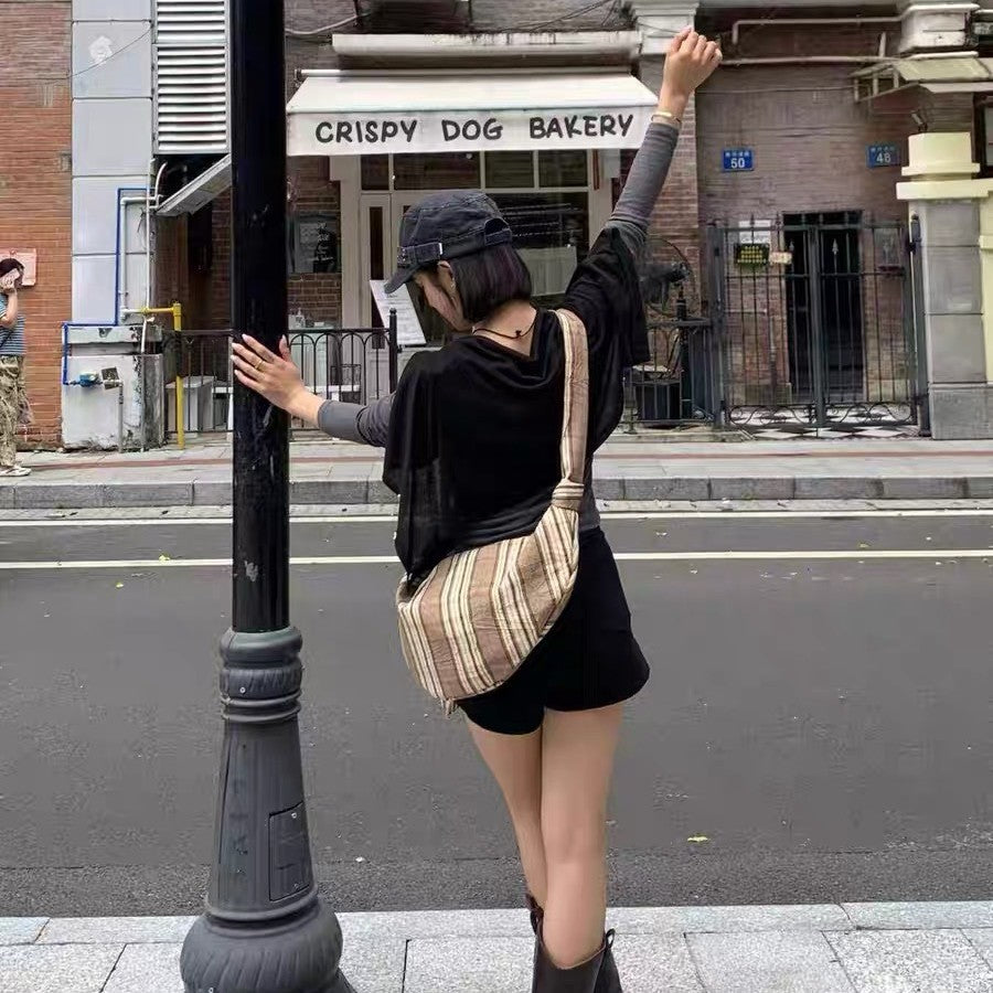 Plaid Contrast Color Pleated Canvas Croissant Female Niche Western Style Bags