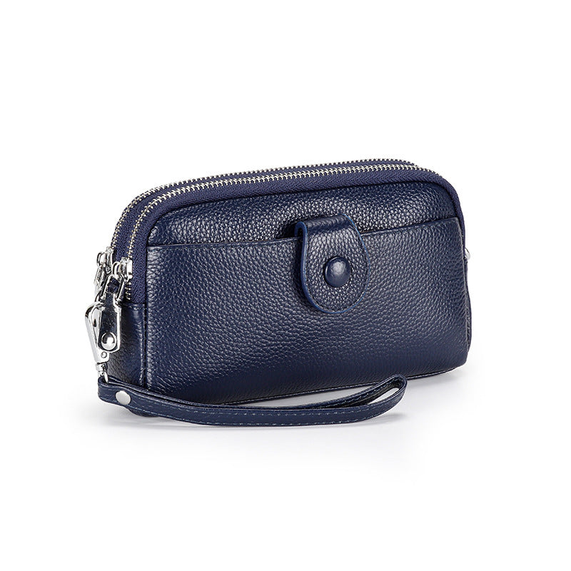 Women's Genuine Leather Chain Layer Cowhide Double Zipper Women's Clutch