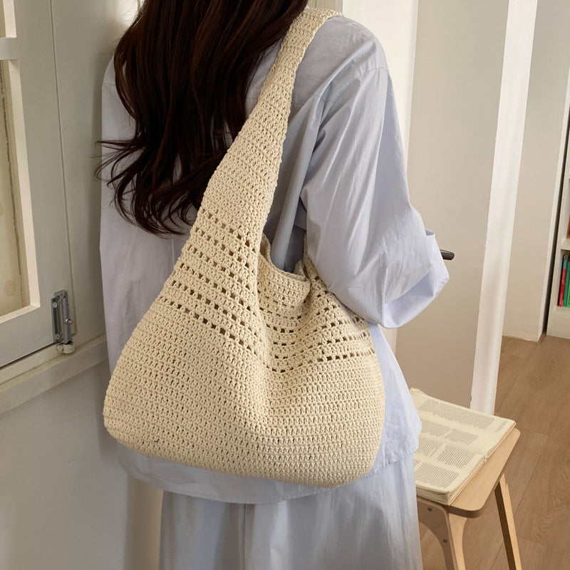 Women's Style Cotton Thread Woven Hollow Large Capacity Tote Bag