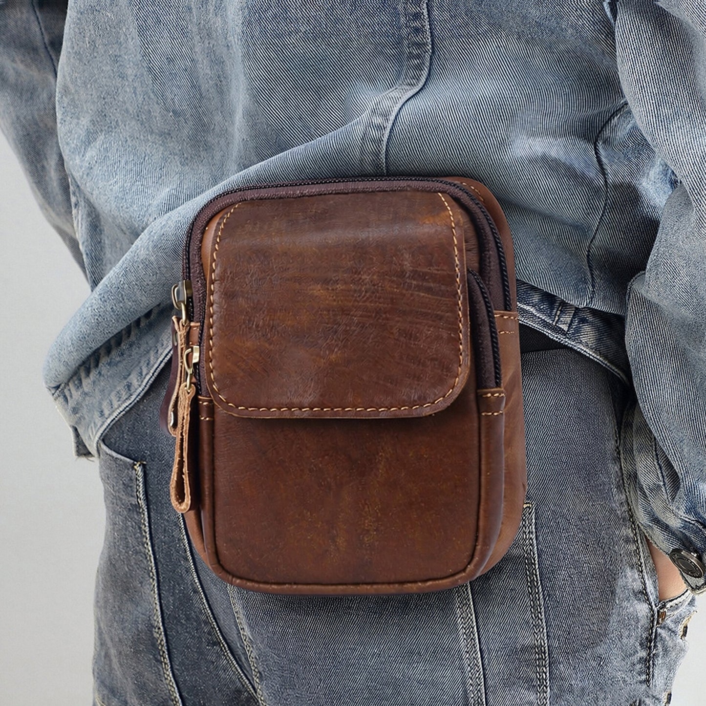 Men's Mobile Leisure Through Leather Mounted Genuine Cell Matte Men's Fanny Pack