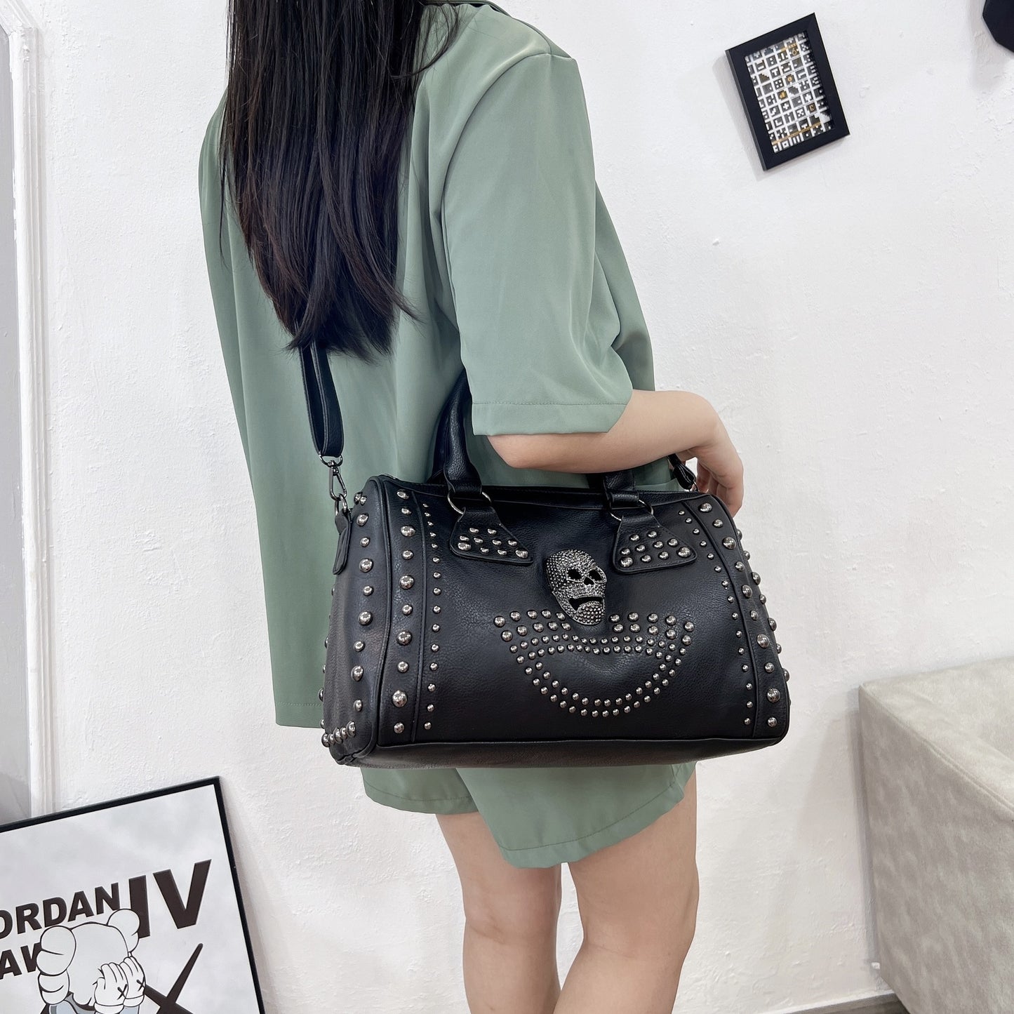 Women's Punk Rivet Black Skull Pillow Halloween Bags
