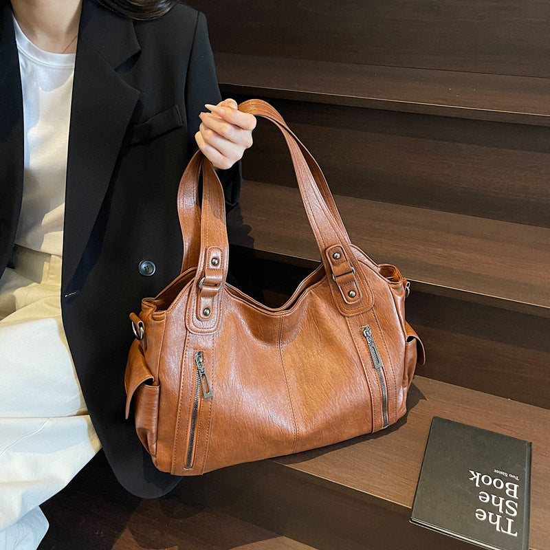 Women's High-grade Fashion Brown Solid Color Large Women's Shoulder Bag