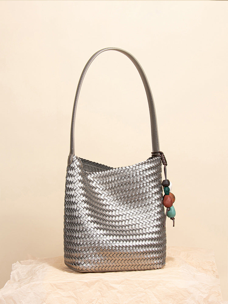 Tanned Soft Leather Woven Large Capacity Design Bucket Bag