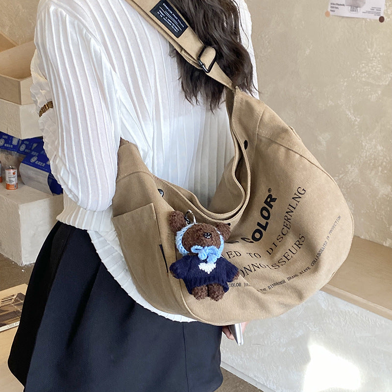 Khaki Korean Style Canvas Female Letter Retro Versatile Large Bags