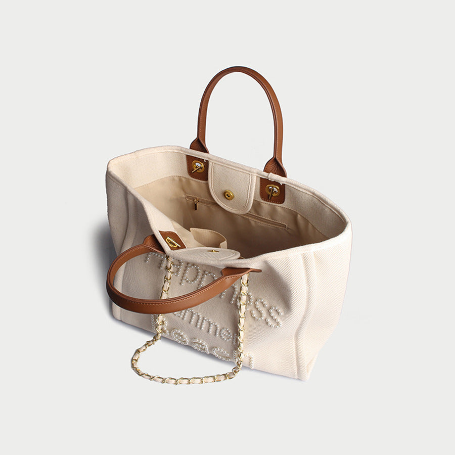 Women's Classic Style Pearl Embroidered Canvas Large Capacity White Women's Shoulder Bag