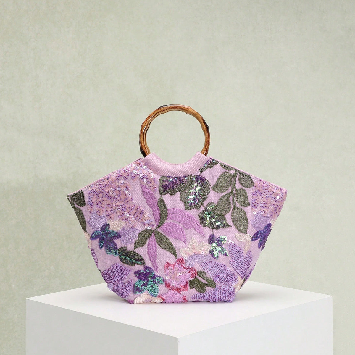 Women's Chinese Style Bamboo Joint Mesh Embroidered Sequins Applique Vacation Hand Tote Bag