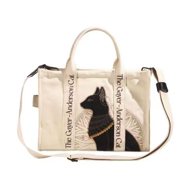 Anderson Cat Embroidery Portable Cotton Canvas Personal Birthday Tote Bags