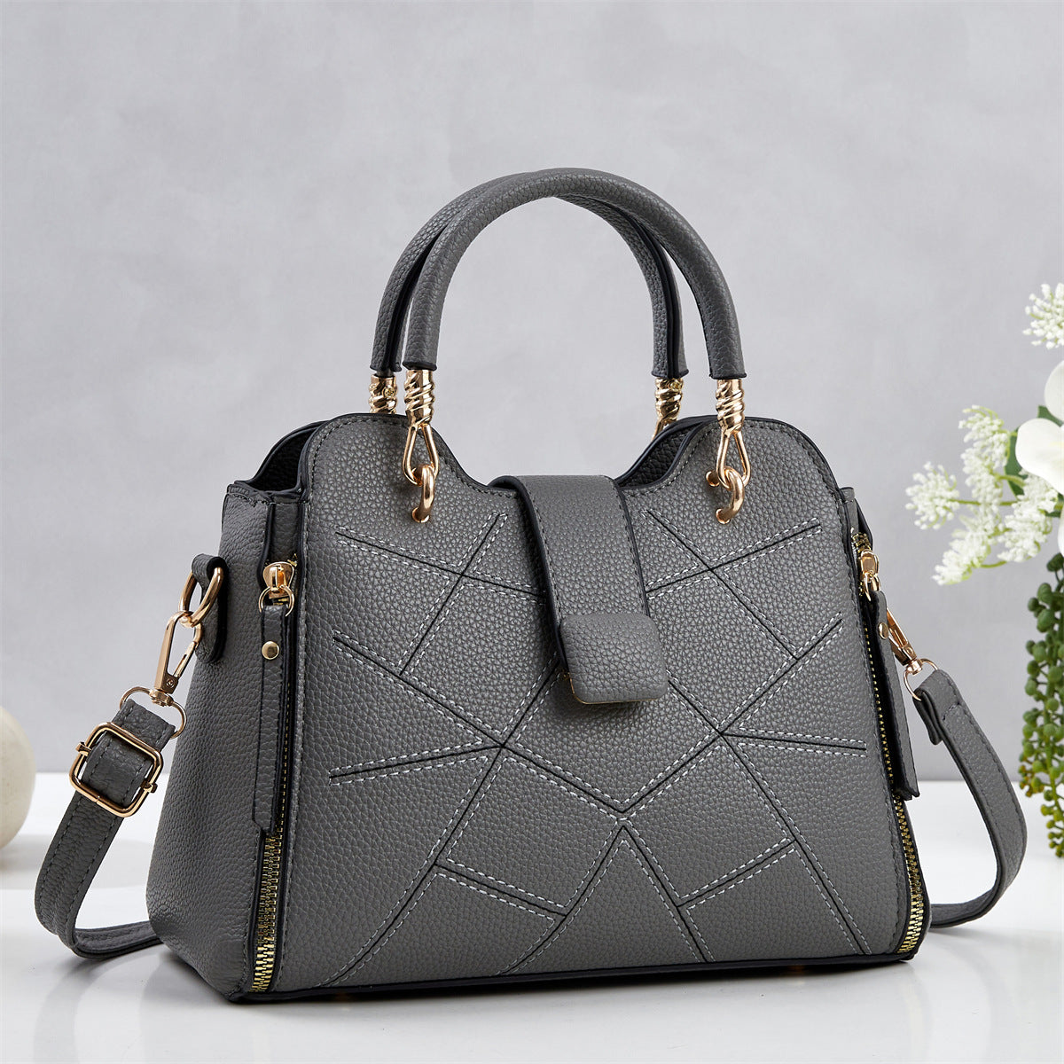 Elegant Mother Geometric Line Pressing Design Litchi Pattern Women's Handbag