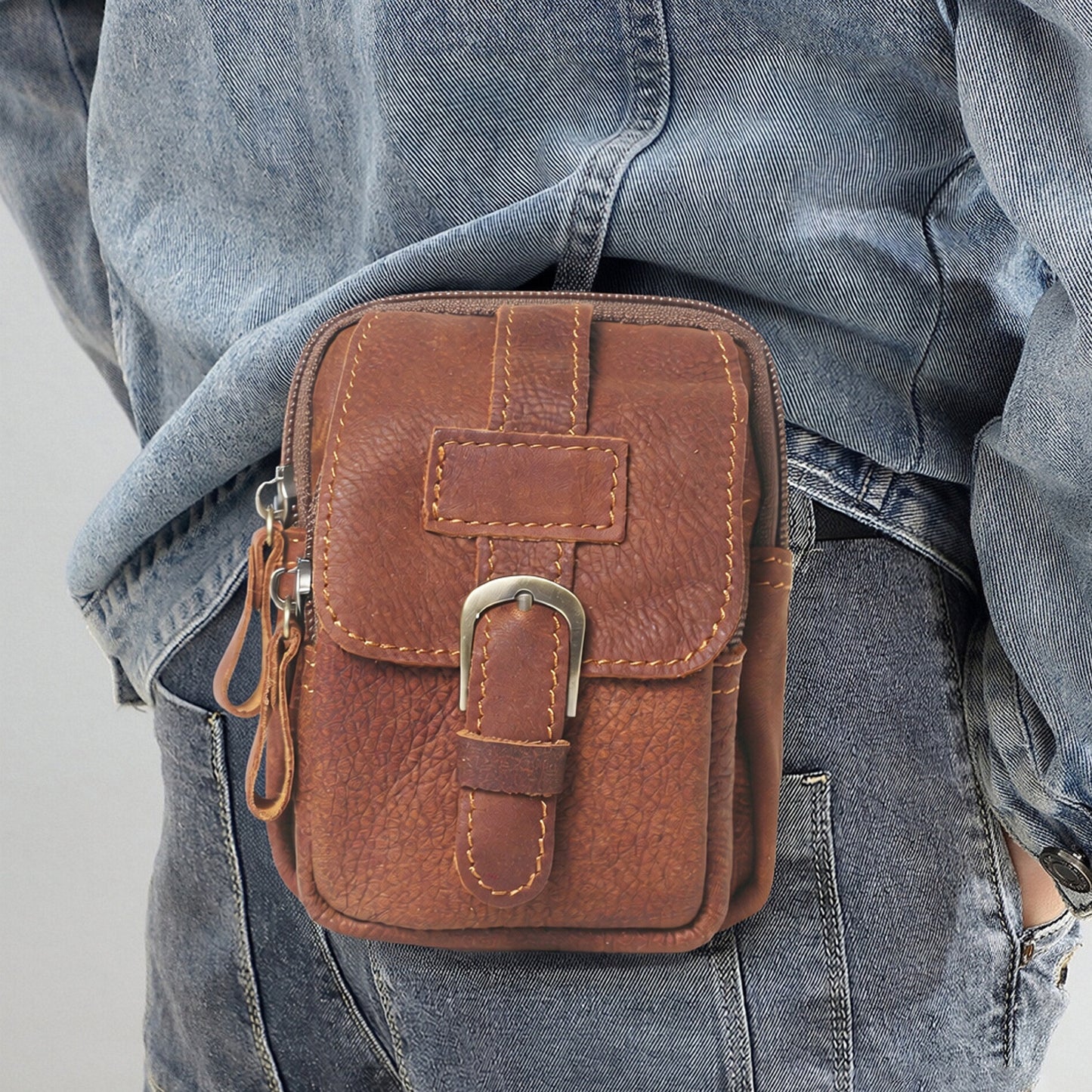 Men's Mobile Leisure Through Leather Mounted Genuine Cell Matte Men's Fanny Pack