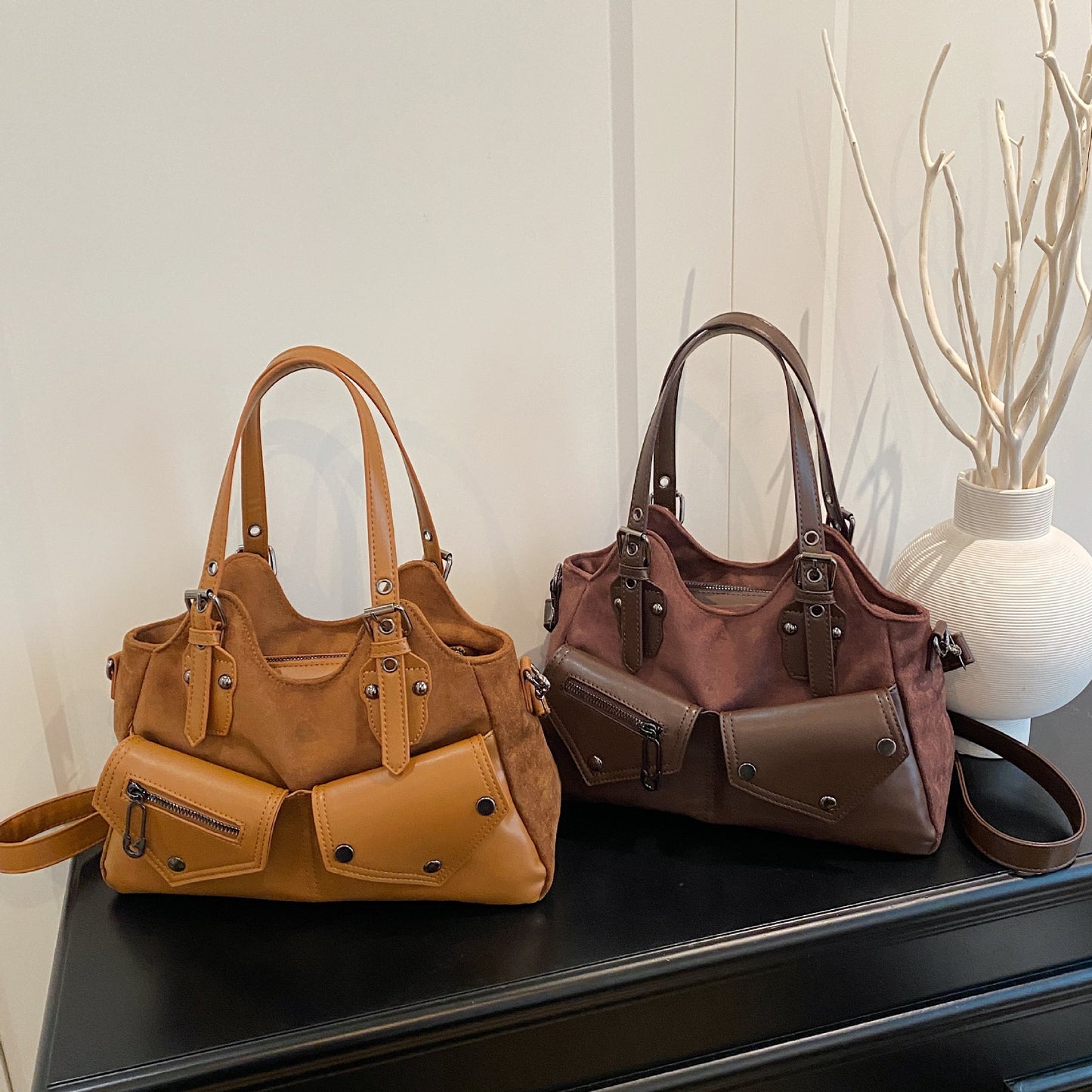 Minority Motorcycle Suede Contrast Color Commuter Western Style Women's Messenger Bag