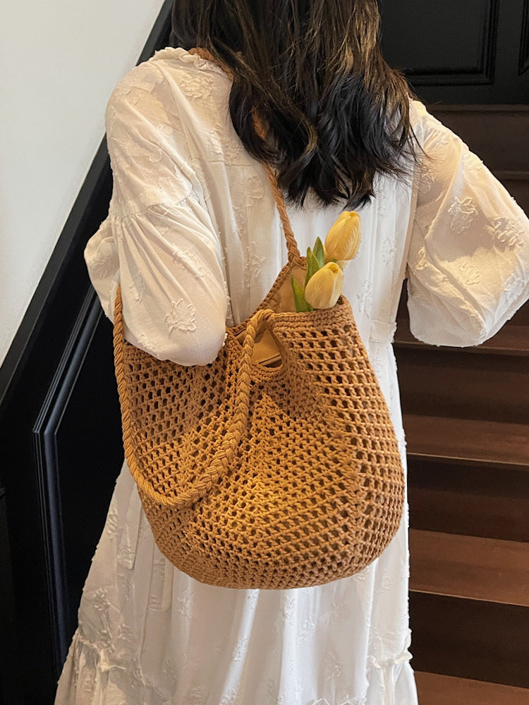 Women's Large Capacity Cotton Thread Woven Hollow Straw Idle Style Women's Shoulder Bag