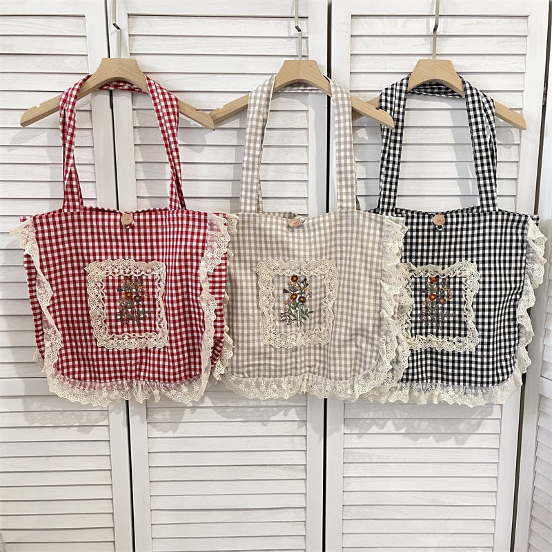 Flounce Vintage Embroidered Large Capacity Plaid Women's Shoulder Bag