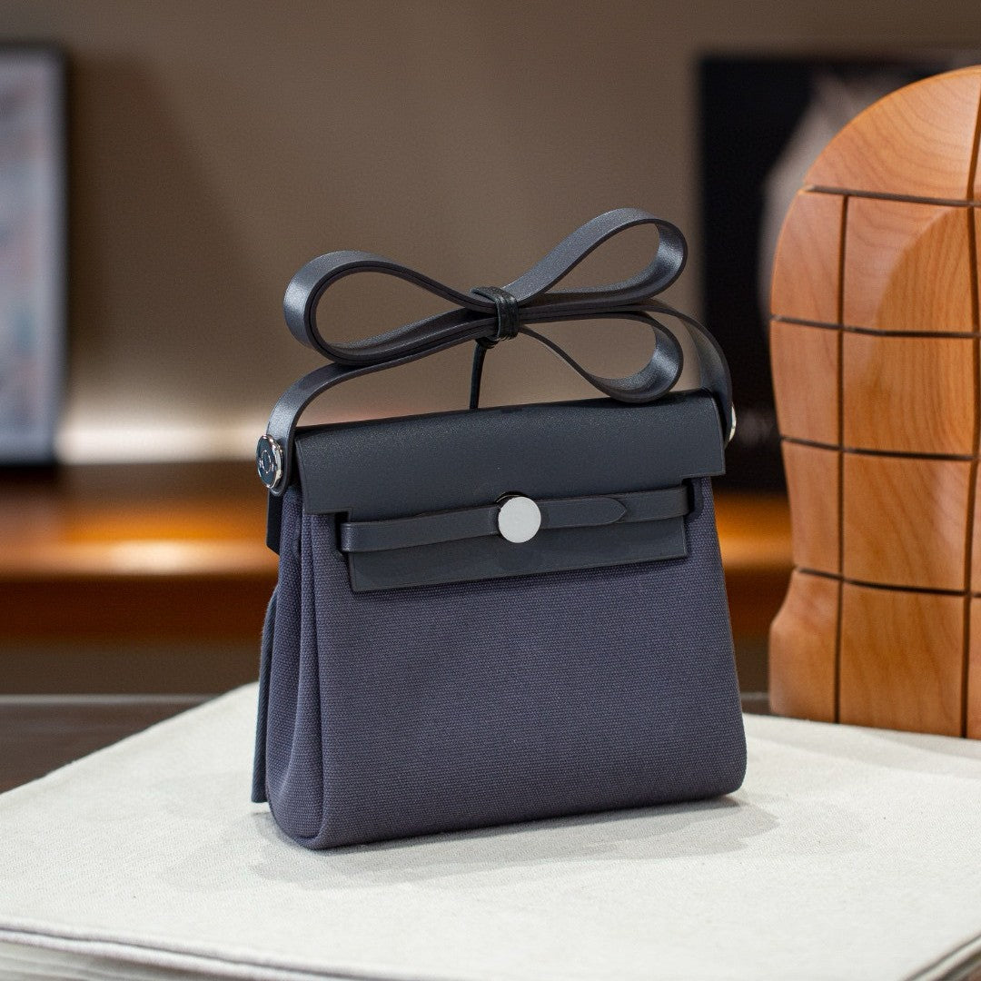 Women's Mini Kelly Cowhide Stitching Canvas Contrast Color Matching Bags