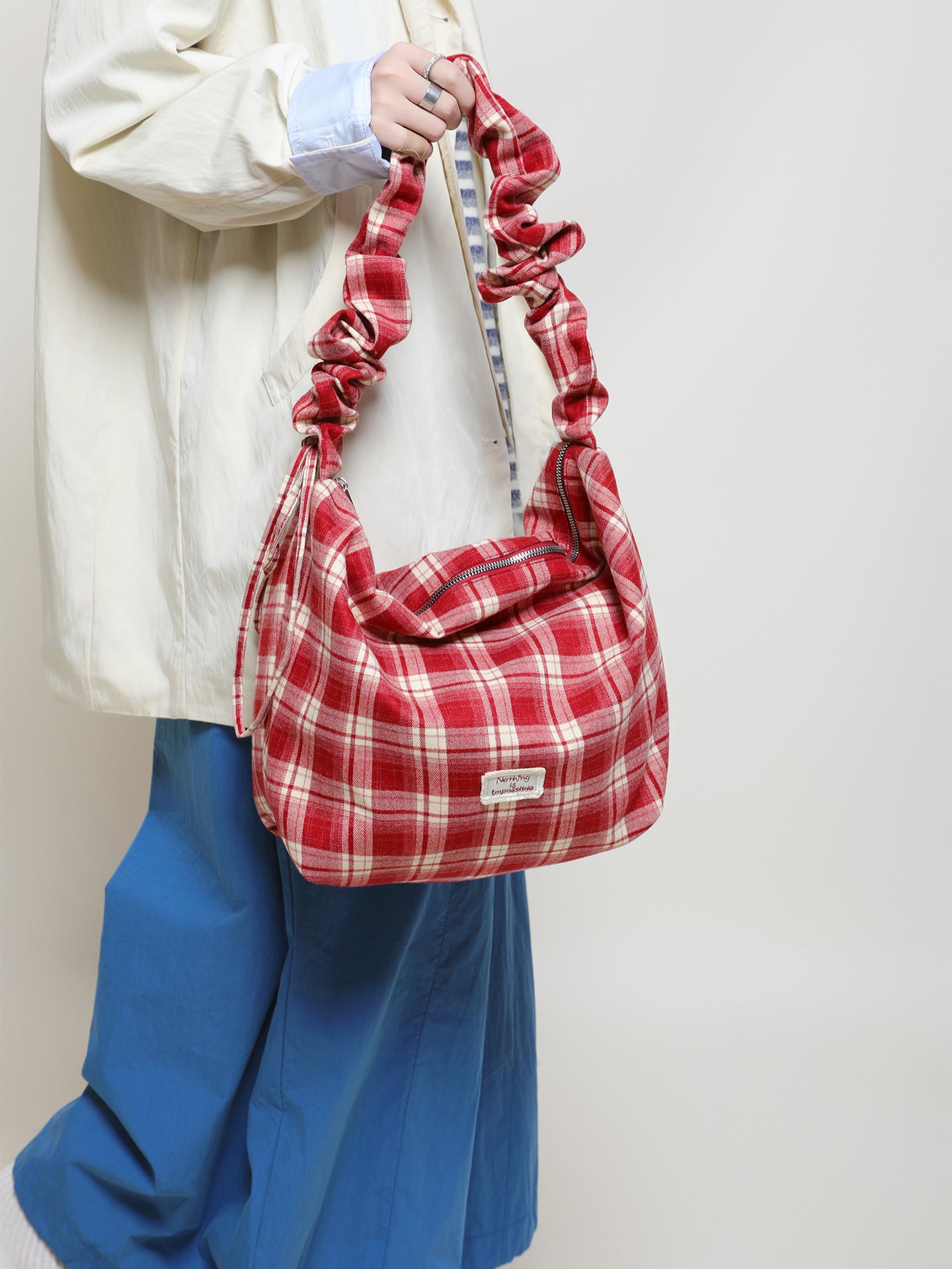 Women's Checked Canvas Korean Style Atmosphere Large Capacity Women's Messenger Bag