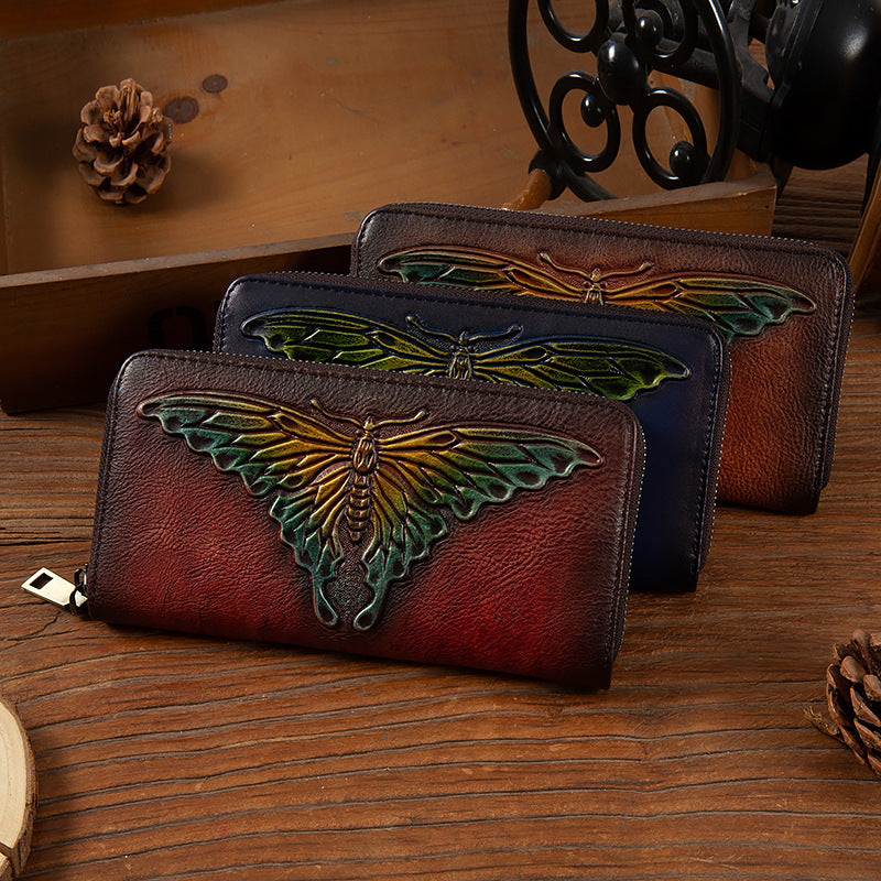 Women's Embossed Leather Vintage Clutch First Layer Cowhide Change Ladies Wallet