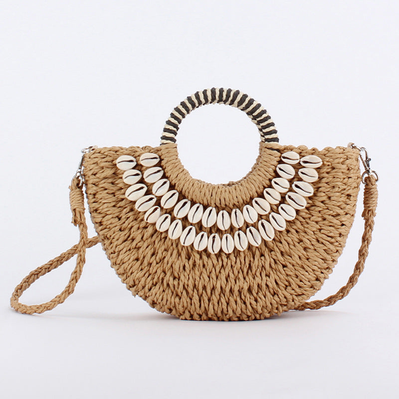 Women's Style Semicircle Hand Carrying Straw Sewing Natural Women's Messenger Bag