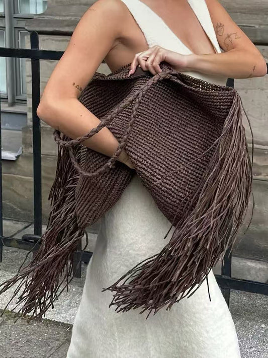 Women's Fashionable Brown Straw Tassel Design Women's Shoulder Bag