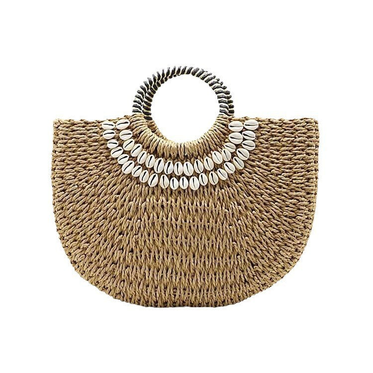 Women's Straw Portable Semicircle Shell Handmade Woven Seaside Vacation Beach Women's Shoulder Bag