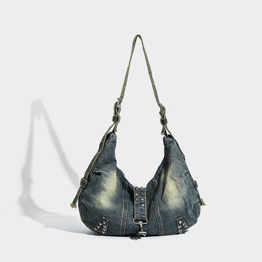Large Capacity Totes Washed Jean Rivet American Trendy Tote Bag