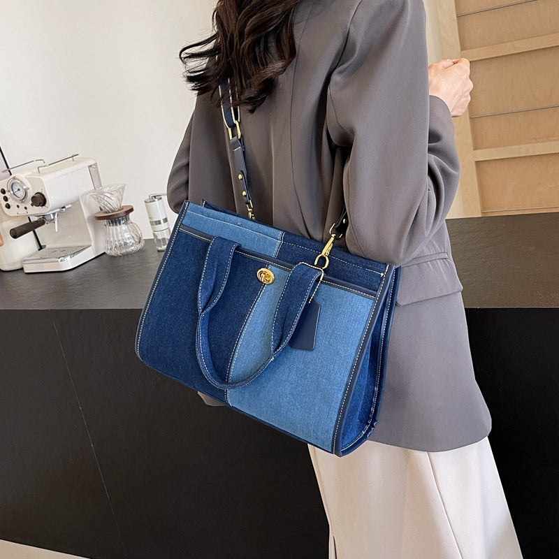 Women's Denim Fashion Color Contrast Stitching Large Women's Shoulder Bag