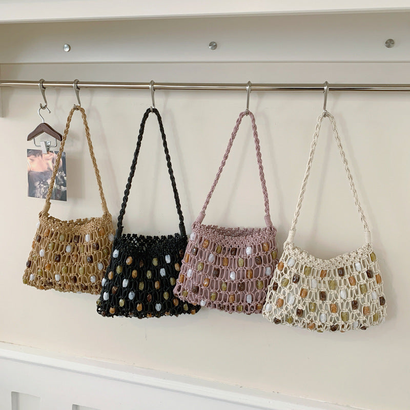 Style Fresh Woven Beaded Contrast Color Large Capacity Advanced Mesh Bags