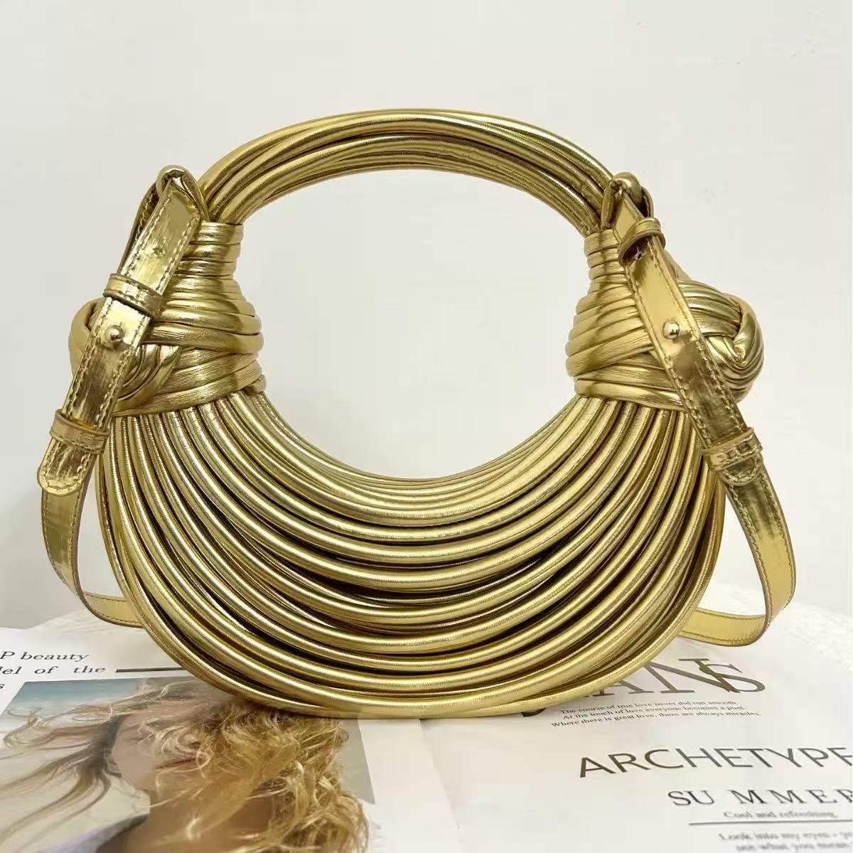 Women's Noodles Woven Gold Underarm Hand Carrying Women's Messenger Bag