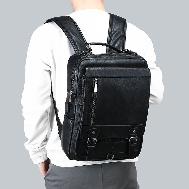 Men's Leather Large Capacity Charging Computer Universal Backpack
