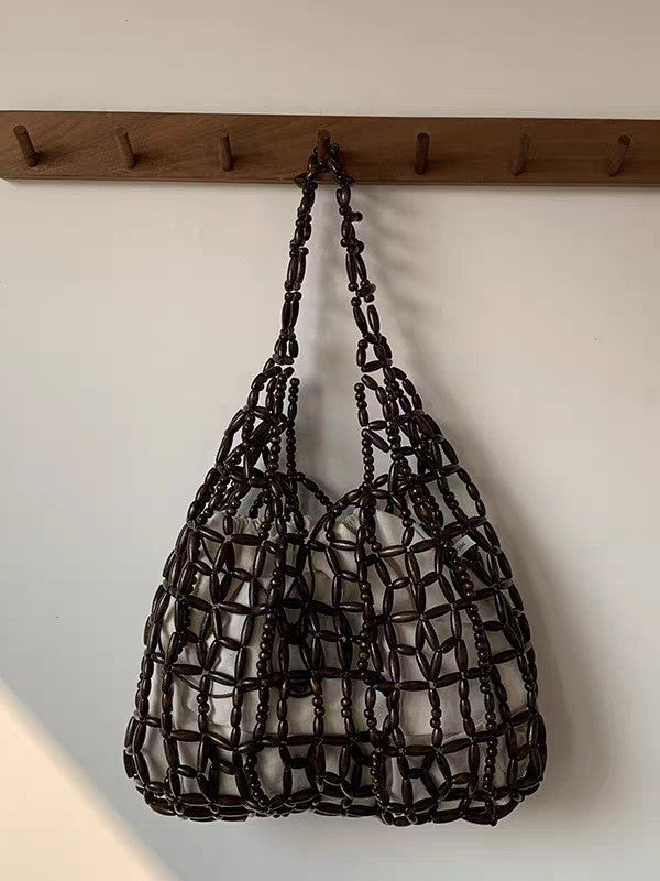 Women's Hand-woven String Wooden Bead Large Capacity Portable Niche Bags