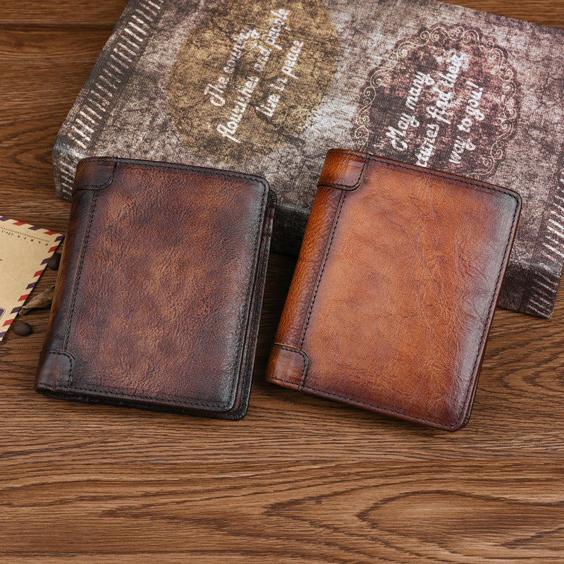 Women's & Men's First Layer Cowhide Short Retro Handmade Men's Wallet