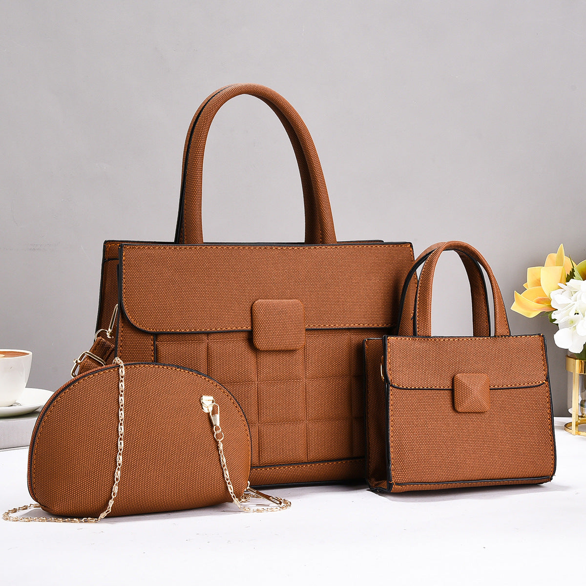 Plaid Stitching Three-piece Large Capacity Versatile Bags