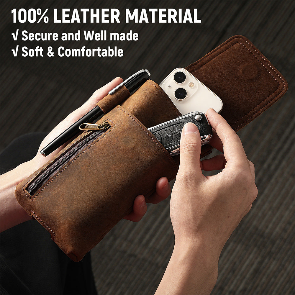 Men's Retro First Layer Cowhide Magnetic Mobile Genuine Leather Men's Fanny Pack