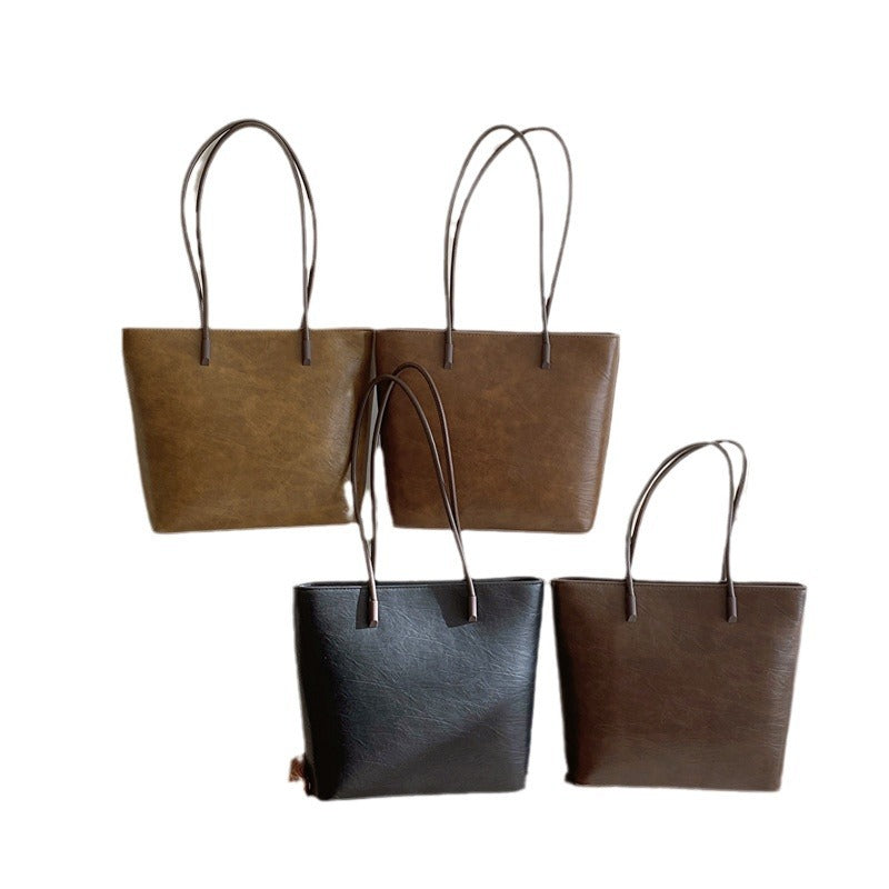 Women's Oil Wax Leather Solid Color Large Capacity Portable Underarm Bags