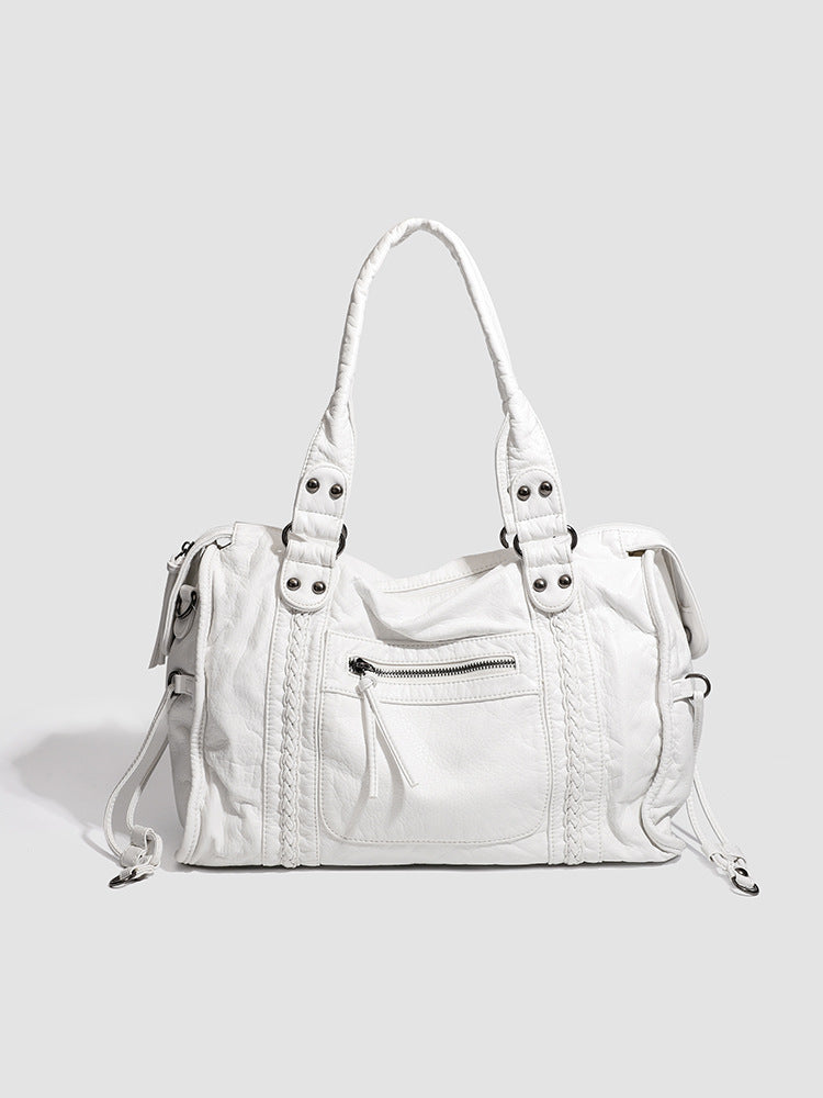 Women's French Retro Motorcycle Large Capacity Washed Tote Bags