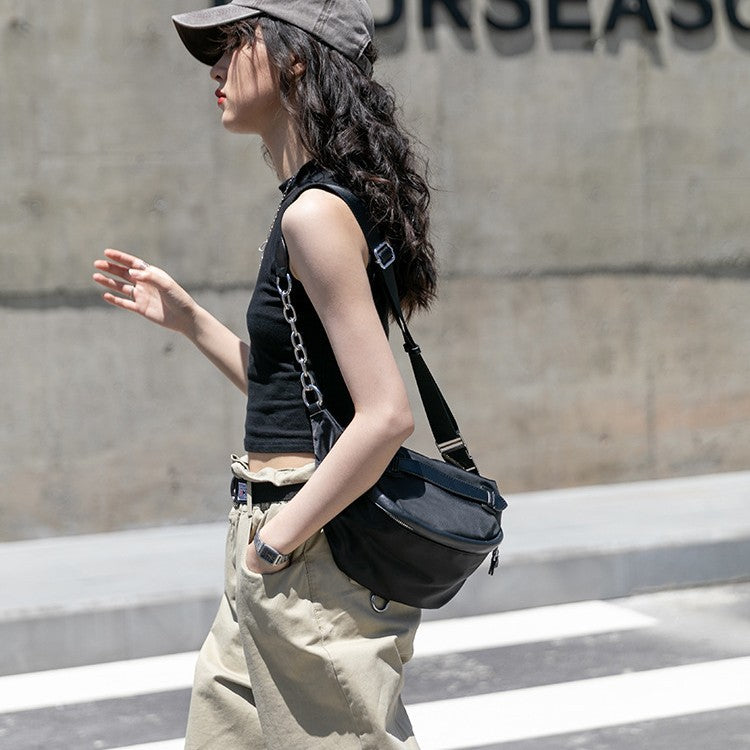 Women's Nylon High-grade Authentic Leather Tactile Feel Fashion Oxford Women's Chest Bag, Fanny Pack