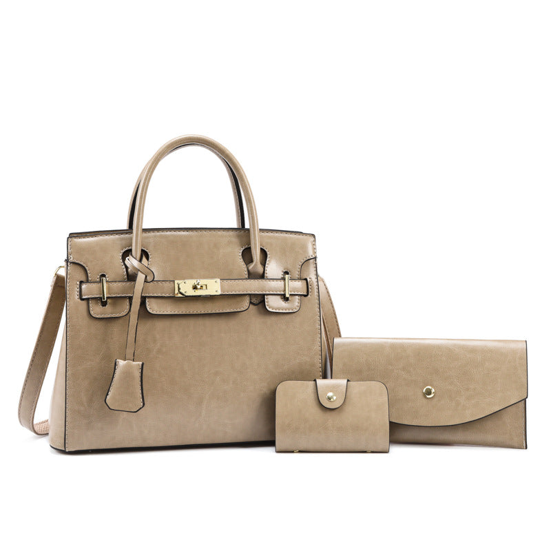Mother Oil Leather Retro Three-piece Large Women's Handbag
