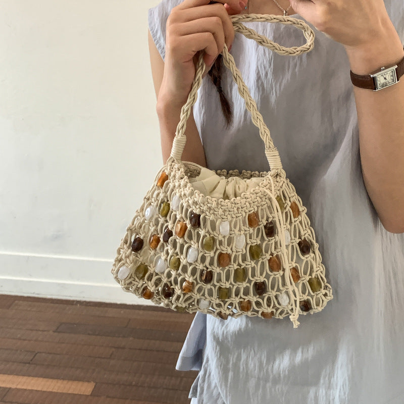 Handmade Wax Rope Woven Portable Beaded Women's Shoulder Bag