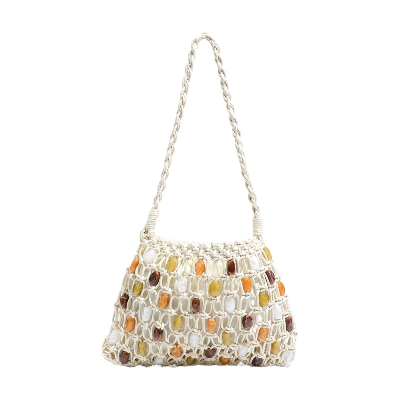 Style Fresh Woven Beaded Contrast Color Large Capacity Advanced Mesh Bags