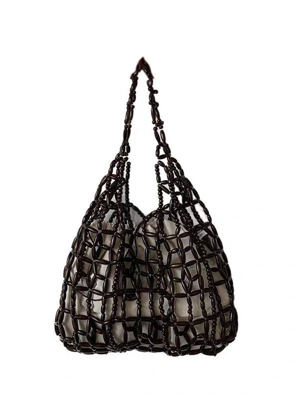 Women's Hand-woven String Wooden Bead Large Capacity Portable Niche Bags